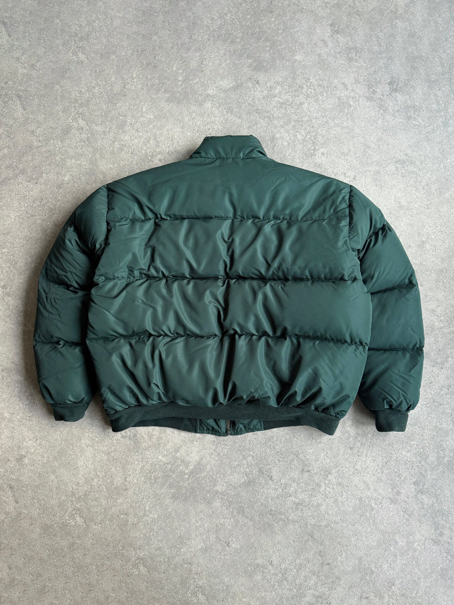 ralph lauren 1990s down fill bomber puffer jacket in green, back view