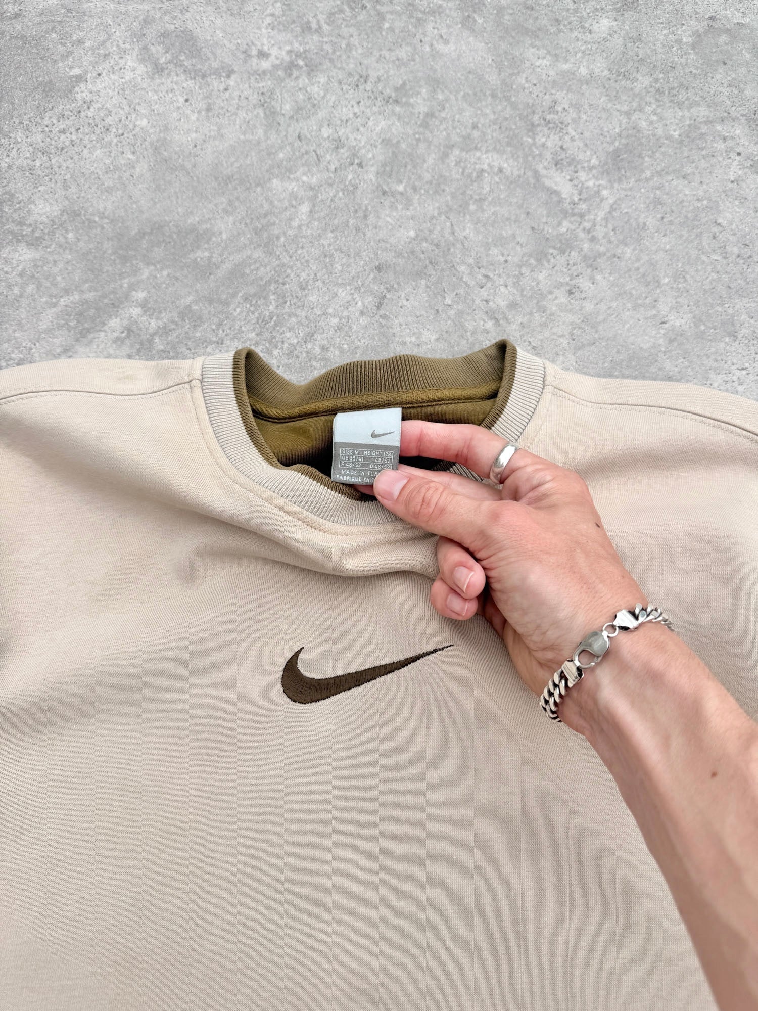 nike 2000s heavyweight embroidered swoosh sweatshirt in sand khaki, back view