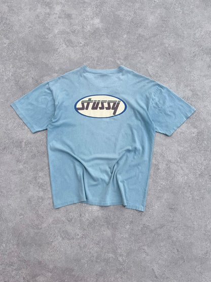stussy 1990s single stitch graphic t-shirt in faded sky blue, front view