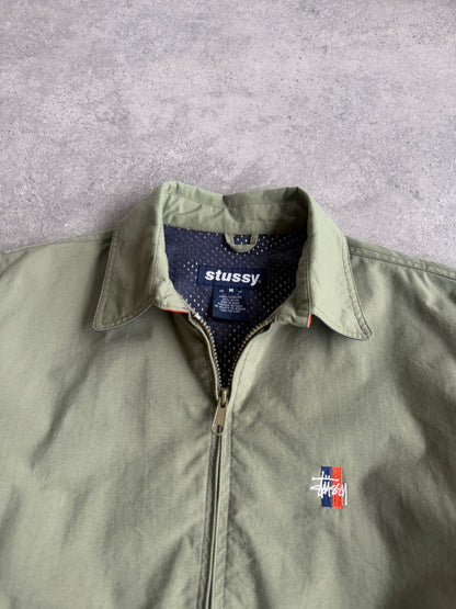 stussy 1990s lightweight nylon harrington jacket in olive, back view