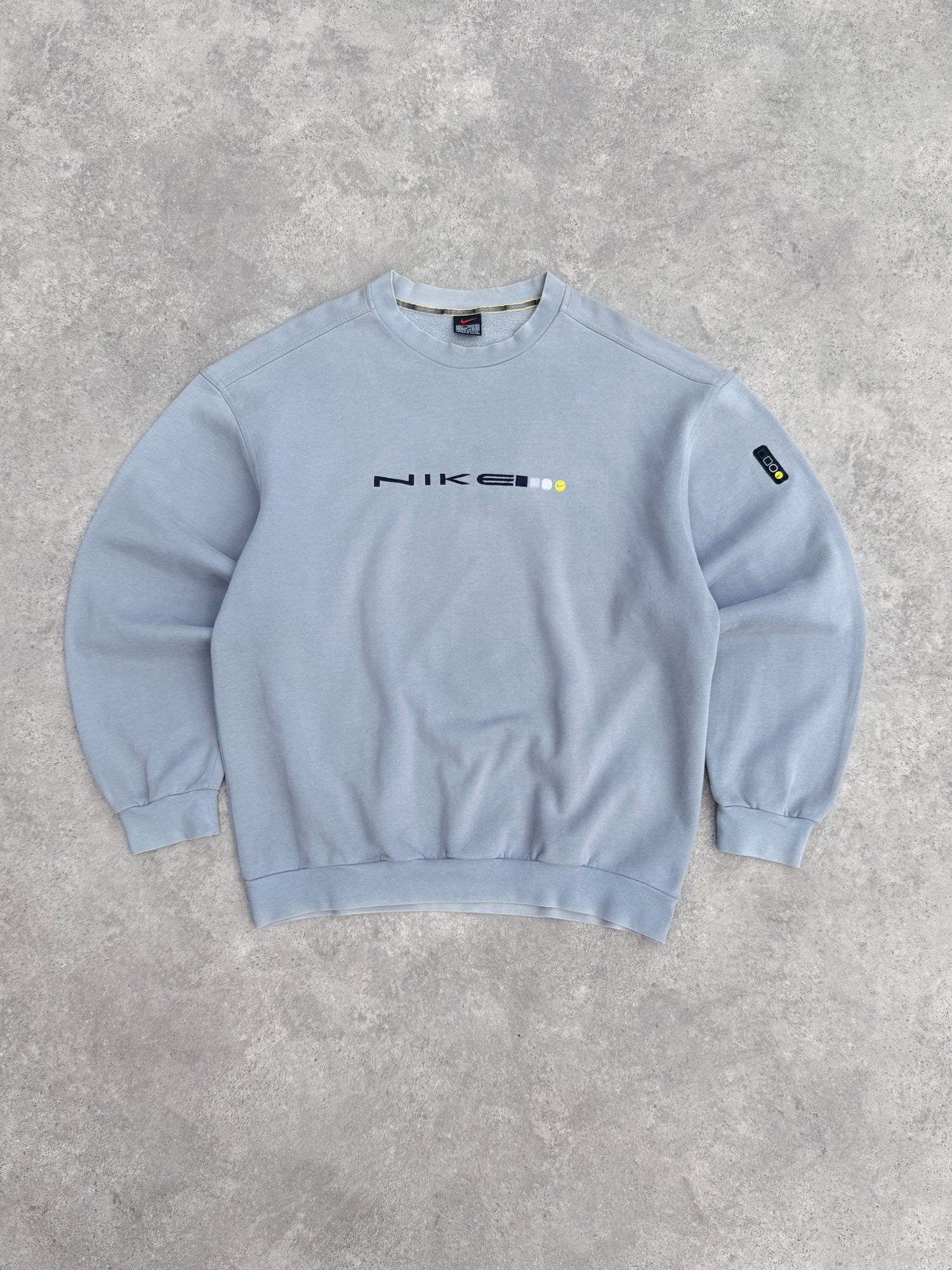 nike 1999 heavyweight embroidered spellout sweatshirt in pale blue, front view