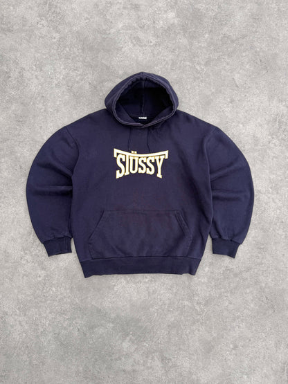 stussy 2000s heavyweight graphic hoodie in faded navy, front view