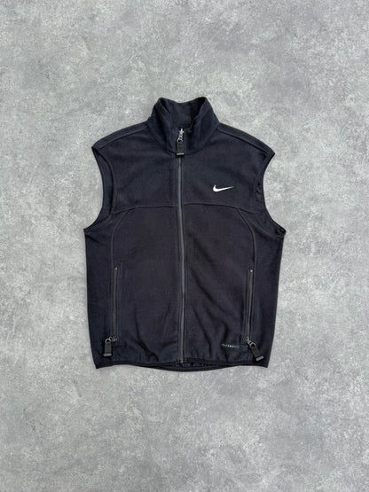 nike acg 1990s technical fleece vest jacket in black orange, front view