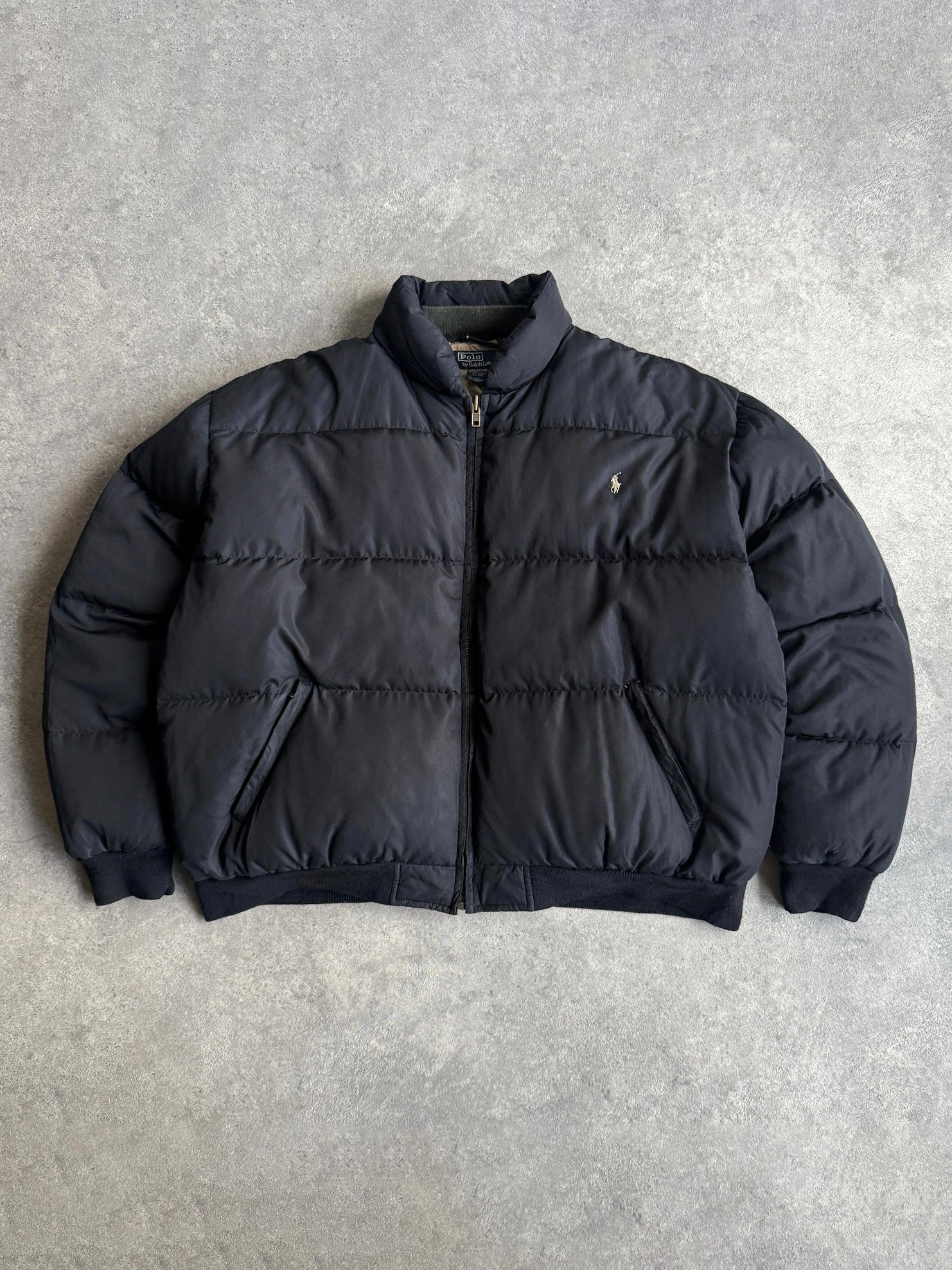 ralph lauren 1990s down fill bomber puffer jacket in black, front view