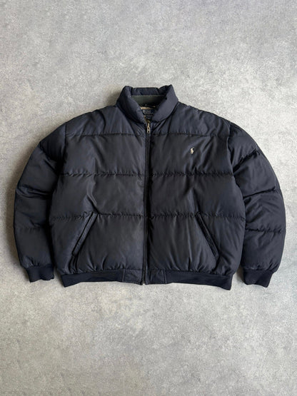 ralph lauren 1990s down fill bomber puffer jacket in black, front view