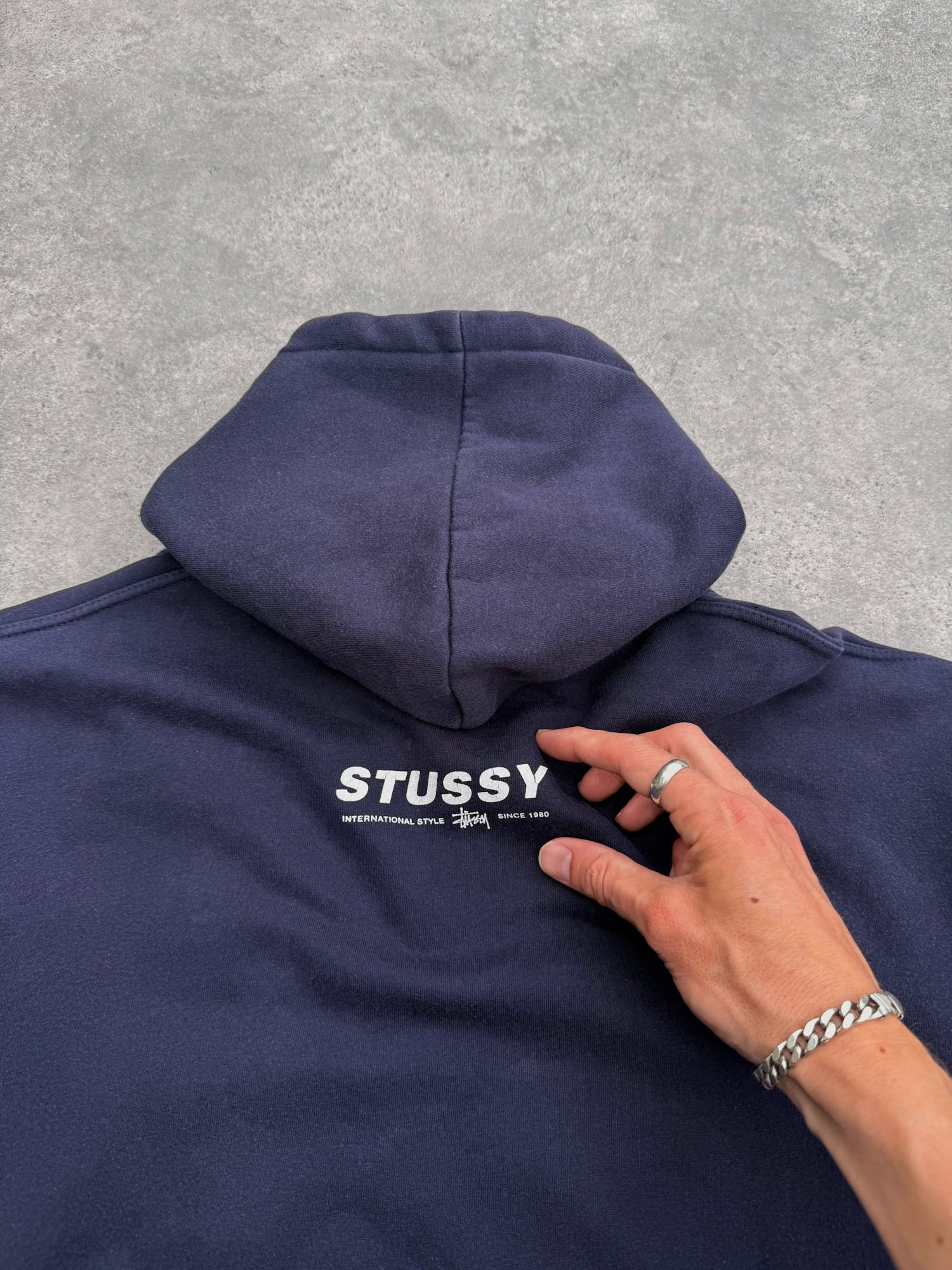stussy 2000s heavyweight graphic hoodie, chest logo detail