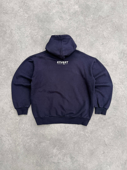 stussy 2000s heavyweight graphic hoodie in faded navy, back print view