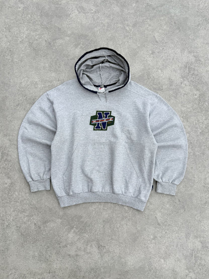 nike 1990s heavyweight embroidered spellout hoodie in grey marl, front view