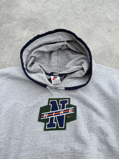 nike 1990s heavyweight embroidered spellout hoodie in grey marl, back view