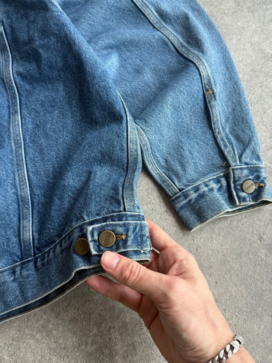 carhartt 1990s j12dst heavyweight denim chore jacket, square logo patch detail