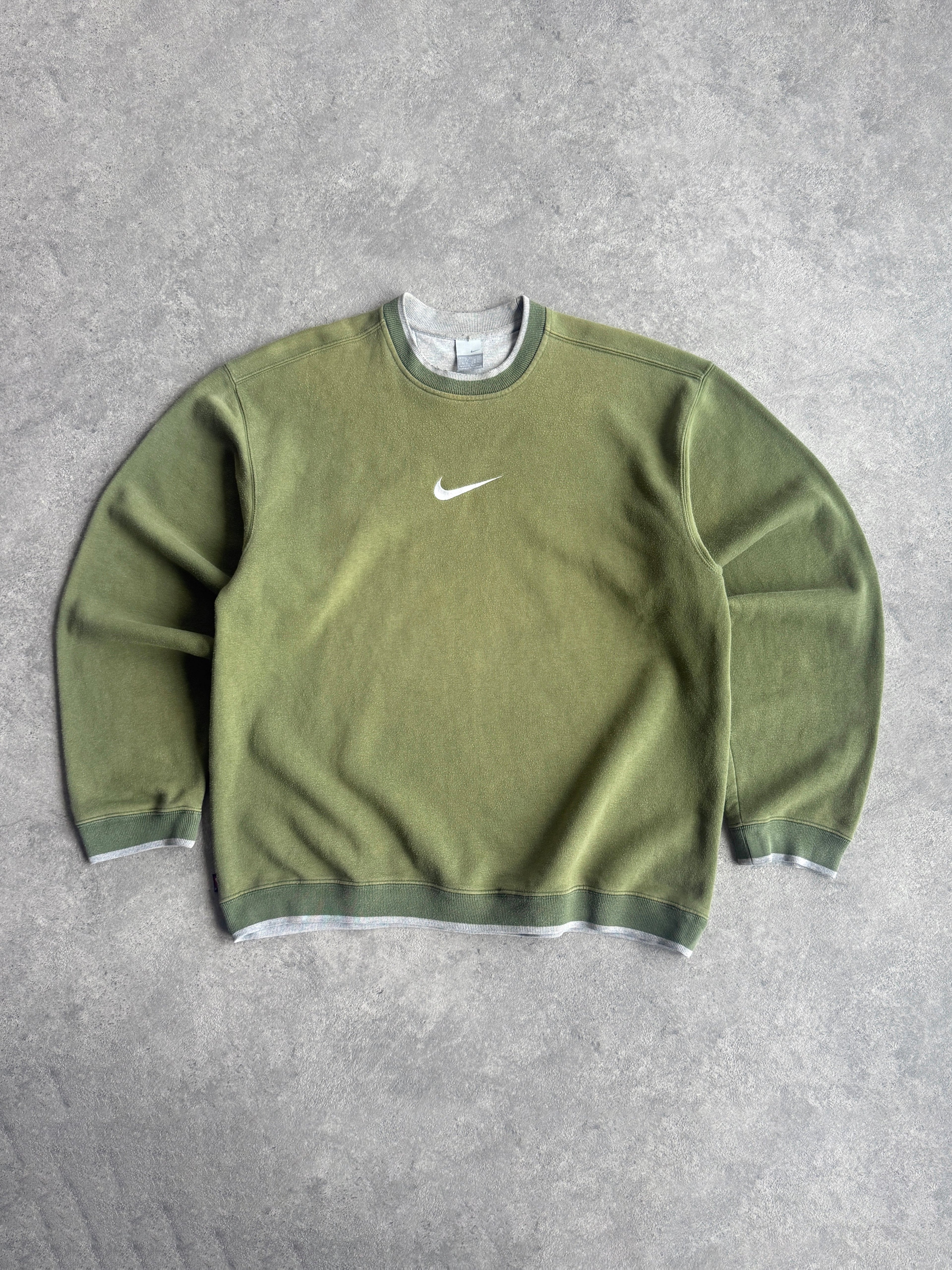 nike 2000s heavyweight embroidered swoosh sweatshirt in green, front view