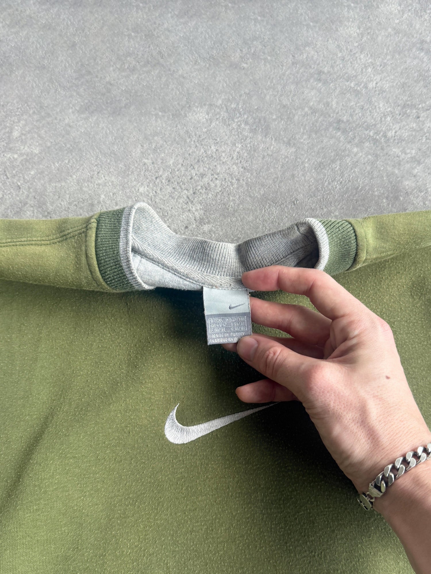 nike 2000s heavyweight embroidered swoosh sweatshirt in green, back view