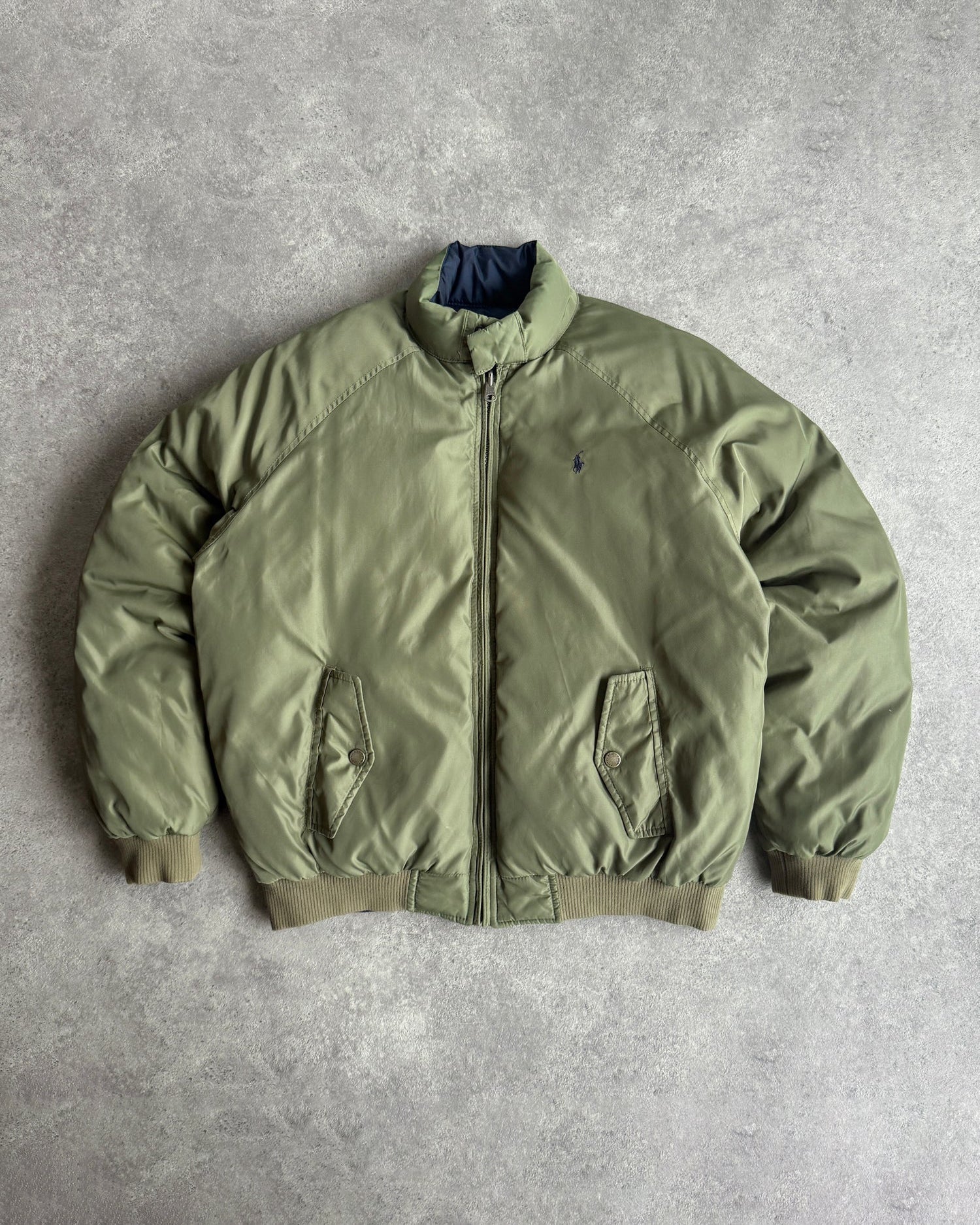 ralph lauren 1990s reversible down puffer jacket, olive side back view