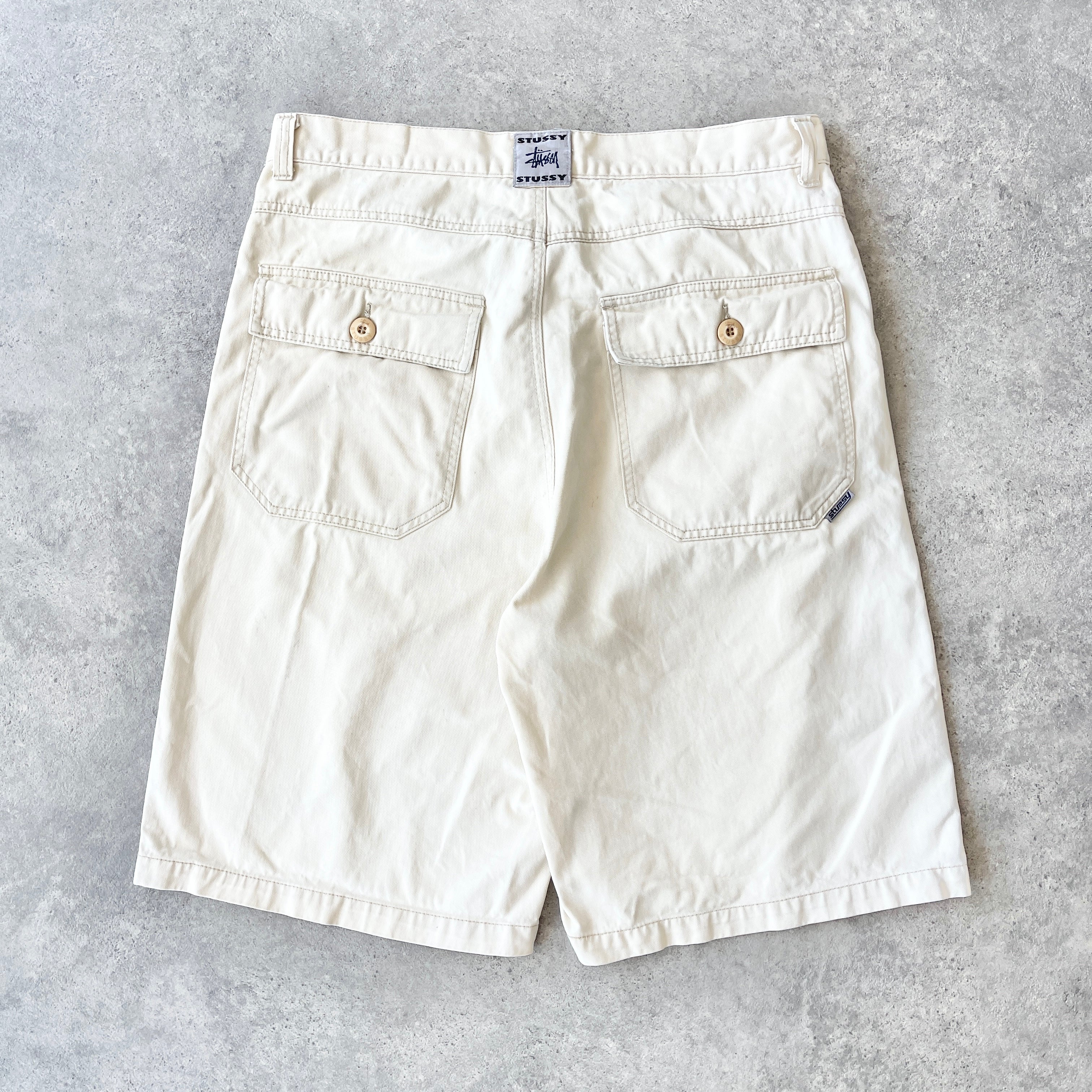 Stussy 2000s script spellout cream jorts (36”)